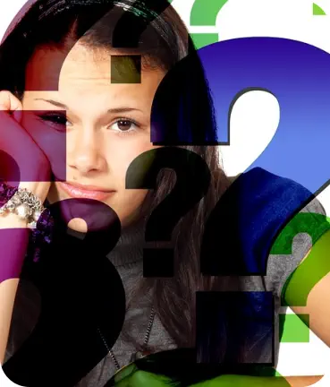A young woman looks confused. There are question marks overlayed on the image